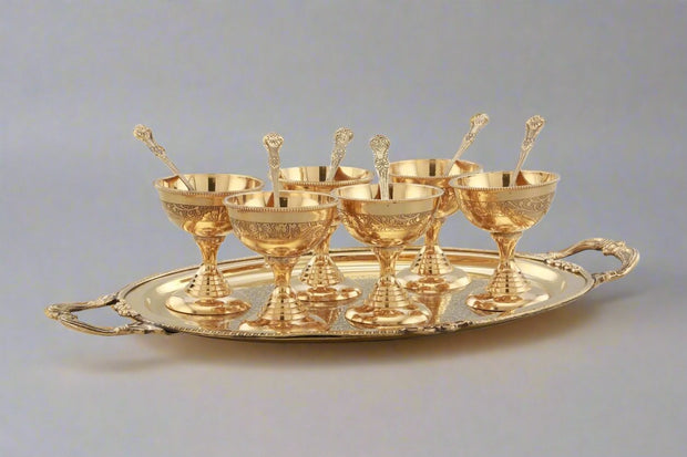 Brass Ice Cream Serving Set | 6 Bowls With Spoon and Serving Plate | Set of 13 Pieces