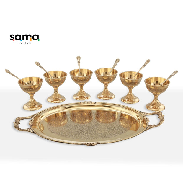 Brass Ice Cream Serving Set | 6 Bowls With Spoon and Serving Plate | Set of 13 Pieces