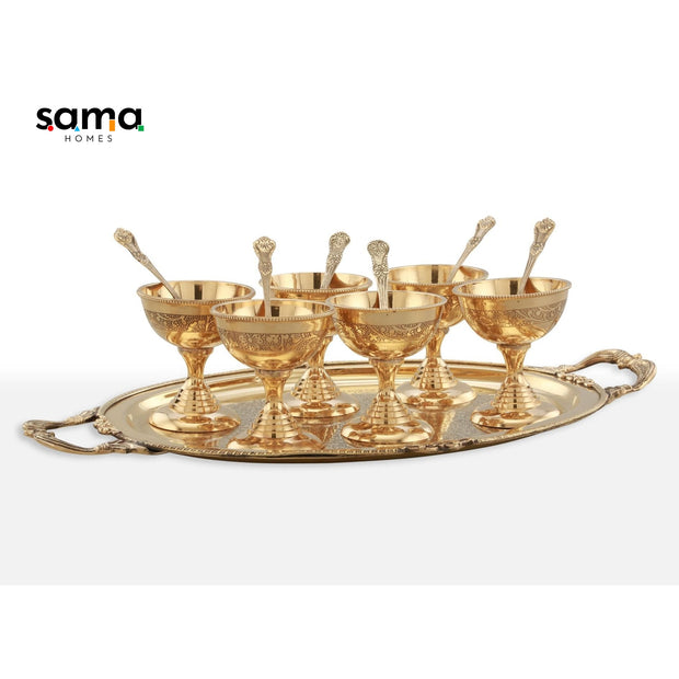Brass Ice Cream Serving Set | 6 Bowls With Spoon and Serving Plate | Set of 13 Pieces