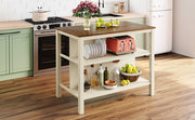 Solid Wood Rustic 45" Stationary Kitchen Island, Rubber Wood Butcher Block Dining Table Prep Table With 2 Open Shelves F