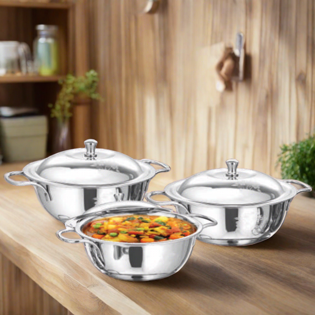 Stainless Steel German Dish (Laser and Plain Design) Set of 3 | Premium Cookware | Sama Homes | Table Dish